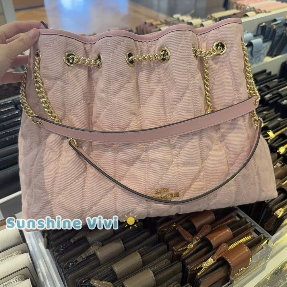 NWT Coach Evelyn Shoulder Bag Loved Denim Quilting & Charm CER79 Gold/Light Pink